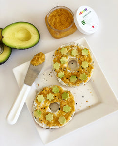 Everything bagel with square baby puree salmon mash for baby led weaning